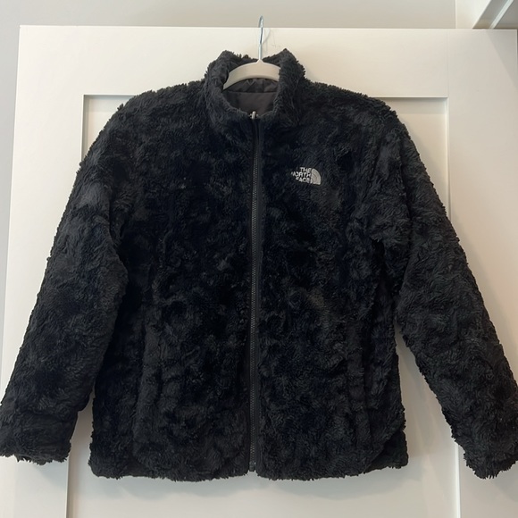 The North Face Girls Reversible Jacket Puffer/Faux Fur. Black w/ pockets - sz L - Picture 5 of 9